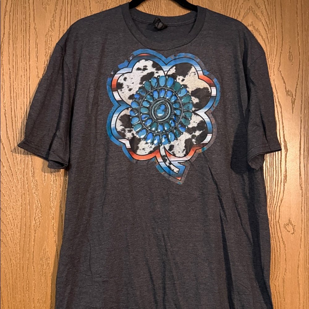Gildan Dark Gray Tee with Blue and White Floral Design